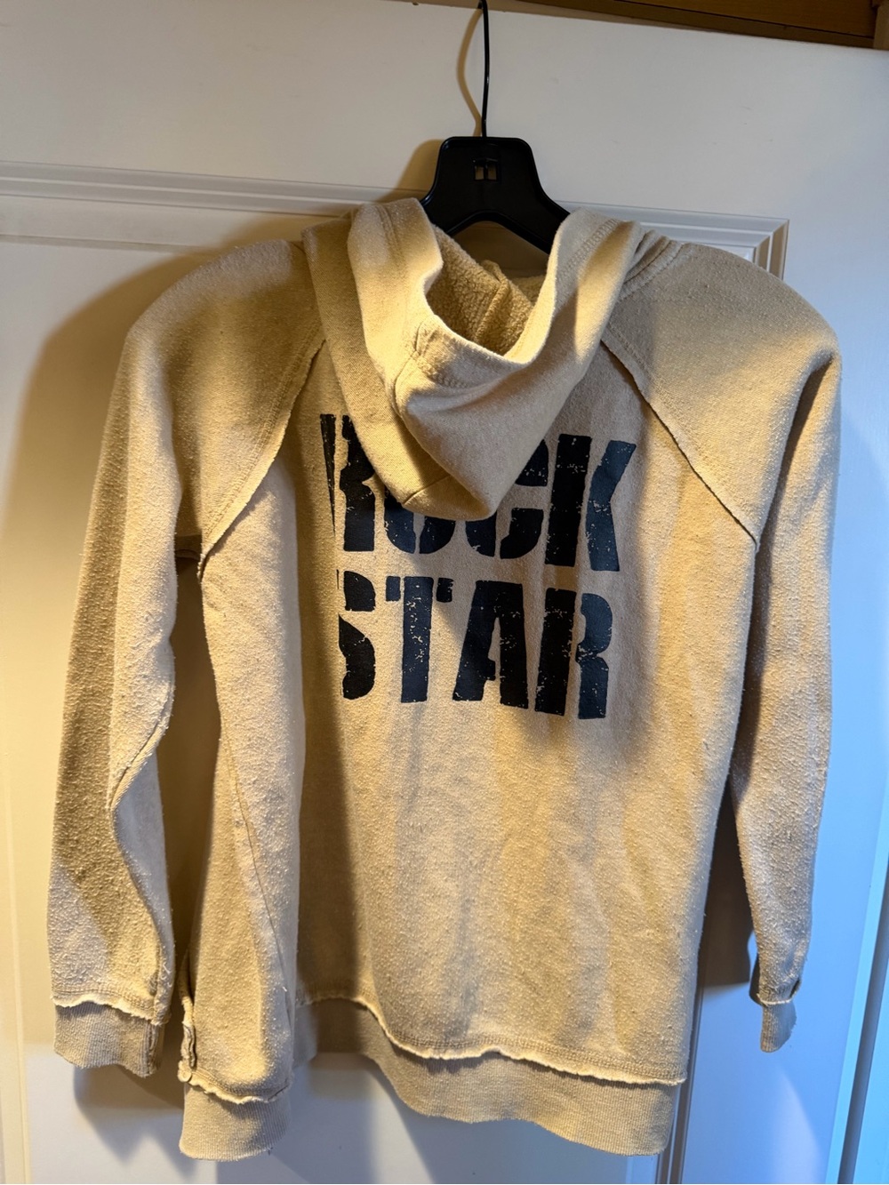 Vintage Havana Beige Zip-Up Hoodie with Black 'ROCK STAR' Graphic
